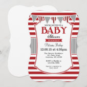Red Grey Stripes Baby shower Invitation Kaart (Voorkant / Achterkant)