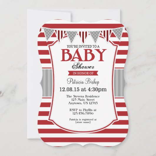 Red Grey Stripes Baby shower Invitation Kaart (Voorkant)