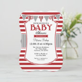 Red Grey Stripes Baby shower Invitation Kaart (Staand voorkant)
