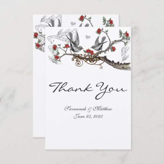 Red & Grey Vintage Birds Invitation de mariage (Devant / Derrière)