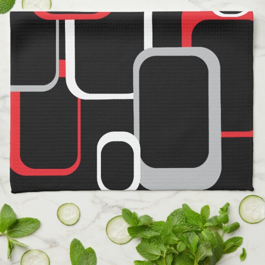 Red Grey White Black Retro Squares Patroon Theedoek (Gevouwen)