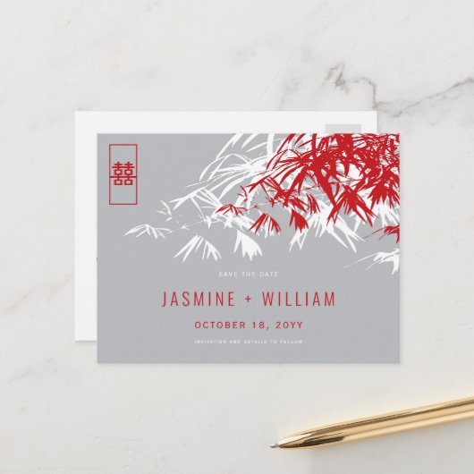 Red Grey Zen Bamboo Chinees huwelijk sparen de dat Aankondigingskaart (Voorkant / Achterkant in situ)