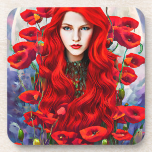 Red Hair Girl in Poppy Flowers Field fantasy art Bier Onderzetter