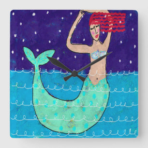 Red Haire Mermaid Abstracte Art Vierkante Klok