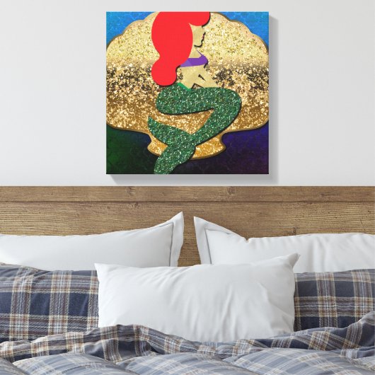 Red Haire Mermaid Golden Seashell Canvas Afdruk (Insitu (Slaapkamer))