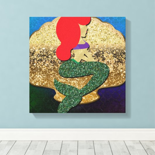 Red Haire Mermaid Golden Seashell Canvas Afdruk (Insitu (Houten vloer))