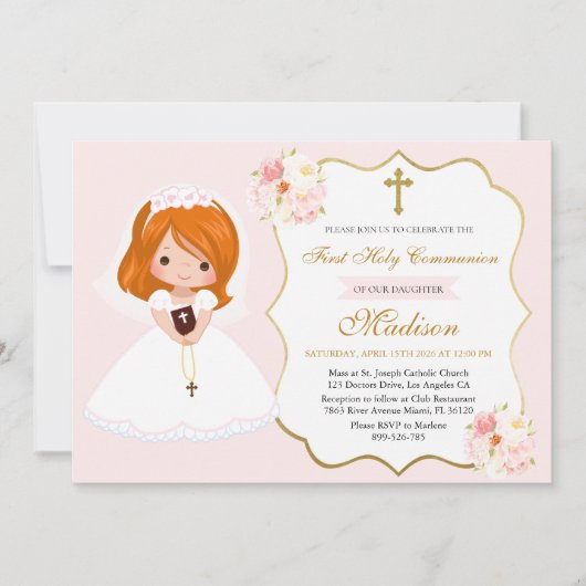 Red haired Girl First Holy Communion Invitation (Devant)