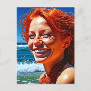  Red Haired Lady bij Beach ai art Briefkaart