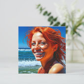 Red Haired Lady bij Beach ai art Kaart (Staand voorkant)