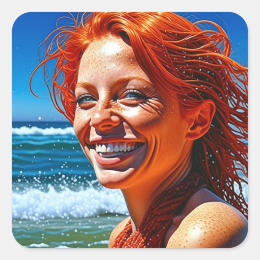  Red Haired Lady bij Beach ai art Vierkante Sticker (Voorkant)