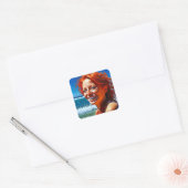  Red Haired Lady bij Beach ai art Vierkante Sticker (Envelop)