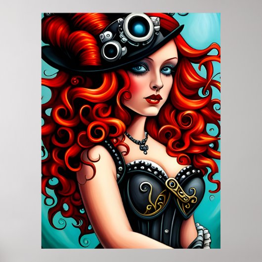 Red Haired Streampunk Vrouw Poster (Voorkant)