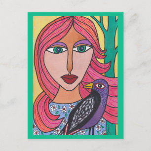 Red Haired Woman avec carte postale d'oiseaux