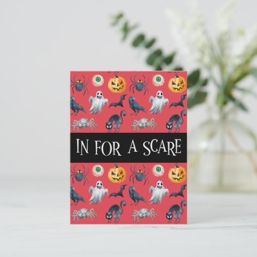Red Halloween Pattern "In for a Scare" Briefkaart (Staand voorkant)