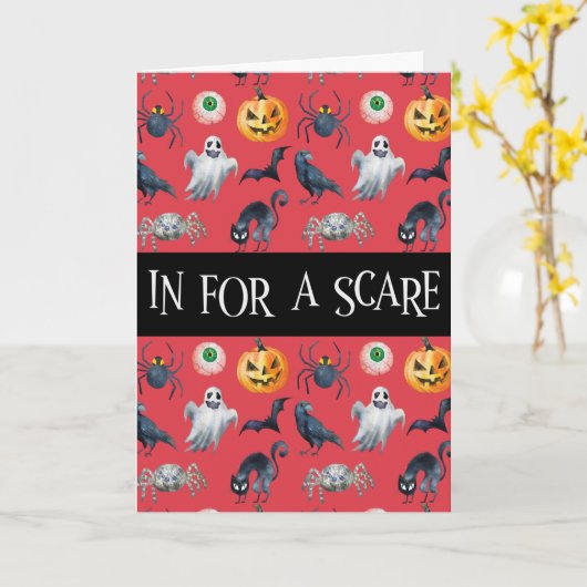 Red Halloween Pattern "In for a Scare" Kaart (Gele Bloem)
