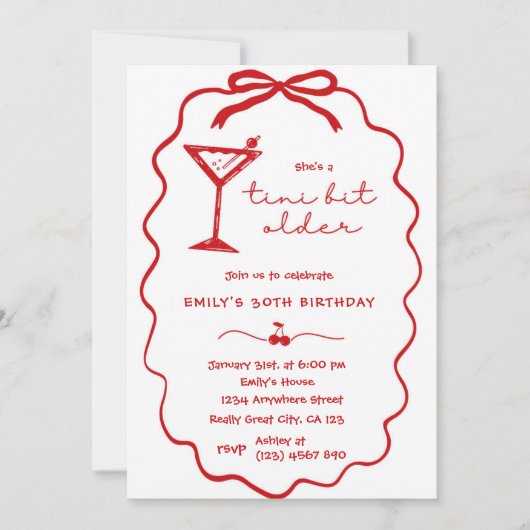 Red Hand Drawn Cherry Martini Birthday Invitation (Devant)