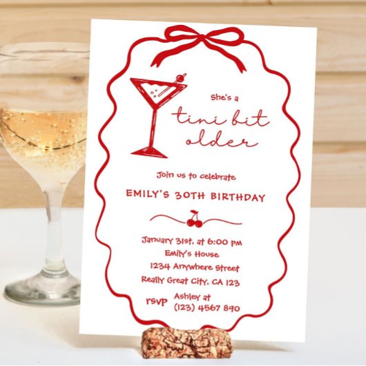 Red Hand Drawn Cherry Martini Birthday Invitation