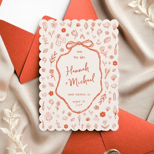 Red Hand Drawn Flowers Handwritten Spring Wedding Save The Date