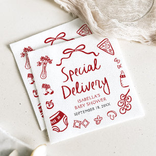 Red Hand Drawn Pizza Special Delivery Baby shower Servet