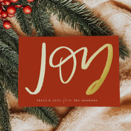 Red Hand-Lettered Joy Gold Foil Holiday Kaart