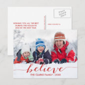 Red Handwriting Believe Holiday Photo Carte postal (Devant / Derrière)