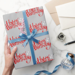 Red Happy Birthday op Grey Cadeaupapier