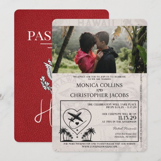 Red Hawaii Passport Wedding Invitation Kaart (Voorkant / Achterkant)