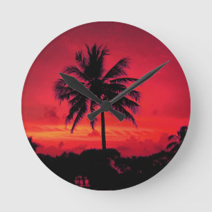 Red Hawaiian Sunset Exotic Palm Trees Ronde Klok