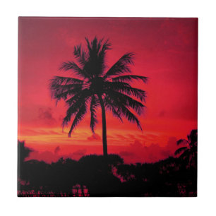 Red Hawaiian Sunset Exotic Palm Trees Tegeltje