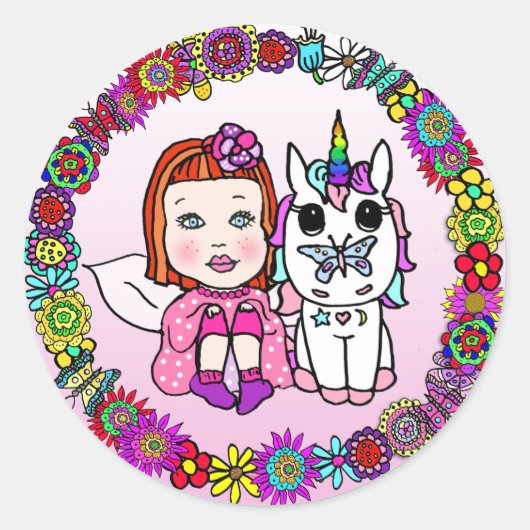 Red Hazard Fairy and Rainbow Unicorn en Butterfly Ronde Sticker (Voorkant)
