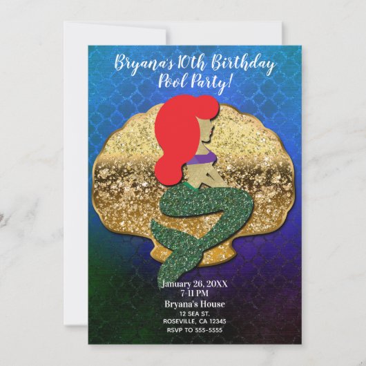 Red Hazard Mermaid Golden Seashell Birthday Party Kaart (Voorkant)