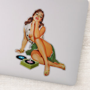 Red Head Pin-up Girl die oude records afspeelt Sticker