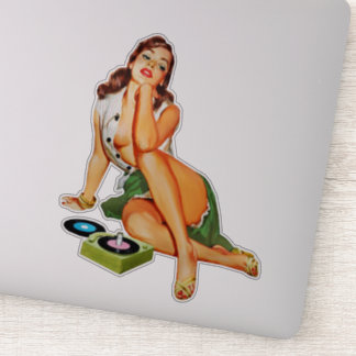 Red Head Pin-up Girl die oude records afspeelt Sticker