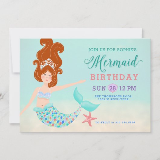 Red Head White Mermaid Birthday Party Kaart (Voorkant)