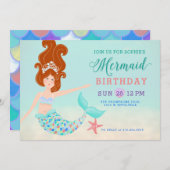 Red Head White Mermaid Birthday Party Kaart (Voorkant / Achterkant)