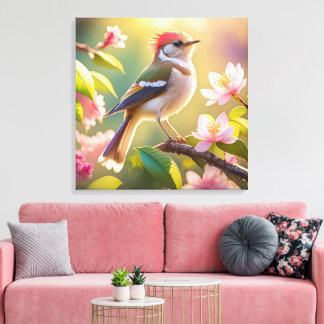 Red Headed Buff Chested Warbler Fantasy Bird Canvas Afdruk