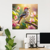 Red Headed Buff Chested Warbler Fantasy Bird Poster (Thuiskantoor)