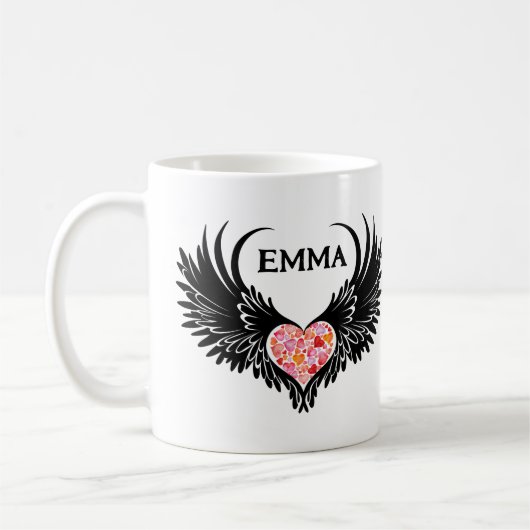Red heart angel black wings koffiemok (Links)