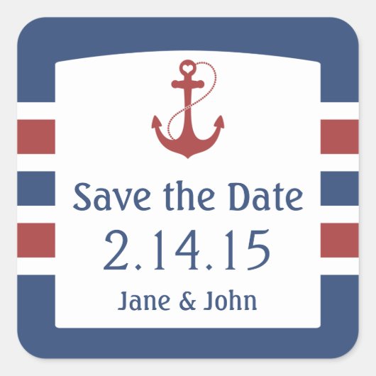 Red Heart Anker Nautical Save the Date Vierkante Sticker (Voorkant)