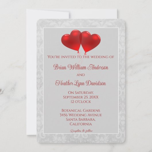 Red Heart Balloons Wedding Invitation (Devant)