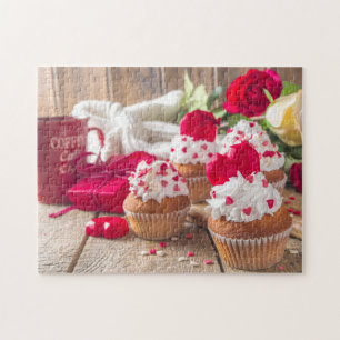 Red Heart Cupcakes Rozen Koffiekoffie Valentijnsda Legpuzzel