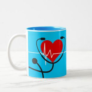 Red Heart EKG en Stethoscoop Medical Blue   Tweekleurige Koffiemok