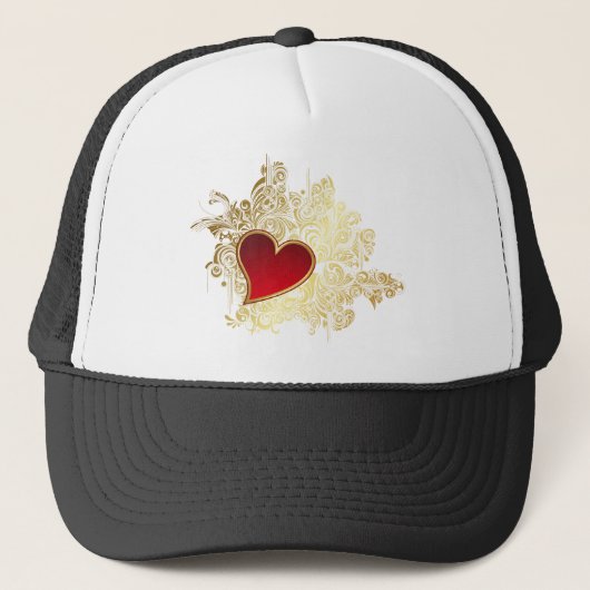 Red Heart op Gold Filigree Trucker Pet (Voorkant)
