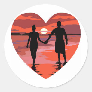 Red Heart Sunset Beach Holding Hands Ronde Sticker
