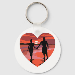 Red Heart Sunset Beach Holding Hands Sleutelhanger