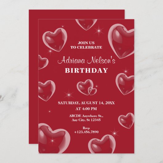 Red Hearts bulle anniversaire Invitation (Devant / Derrière)