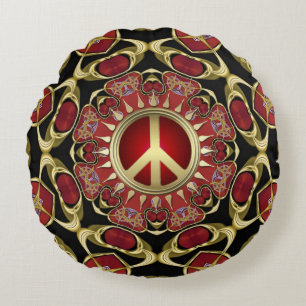 Red Hearts Gold Peace Power Love Round Pillow Rond Kussen