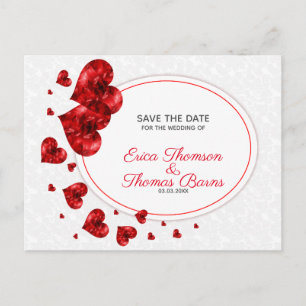 Red Hearts over White Damask Aankondigingskaart