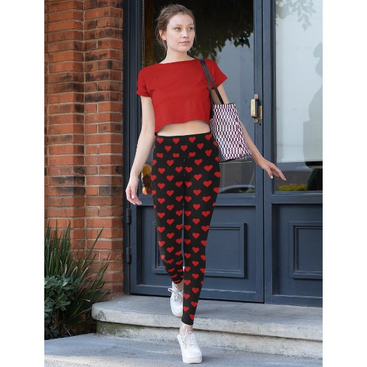 Red Hearts Pattern Love Zwart Mode Yoga Workout Leggings