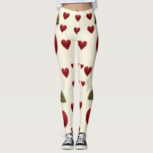 Red Hearts Pattern White Leggings - Romantic Valen (Devant)